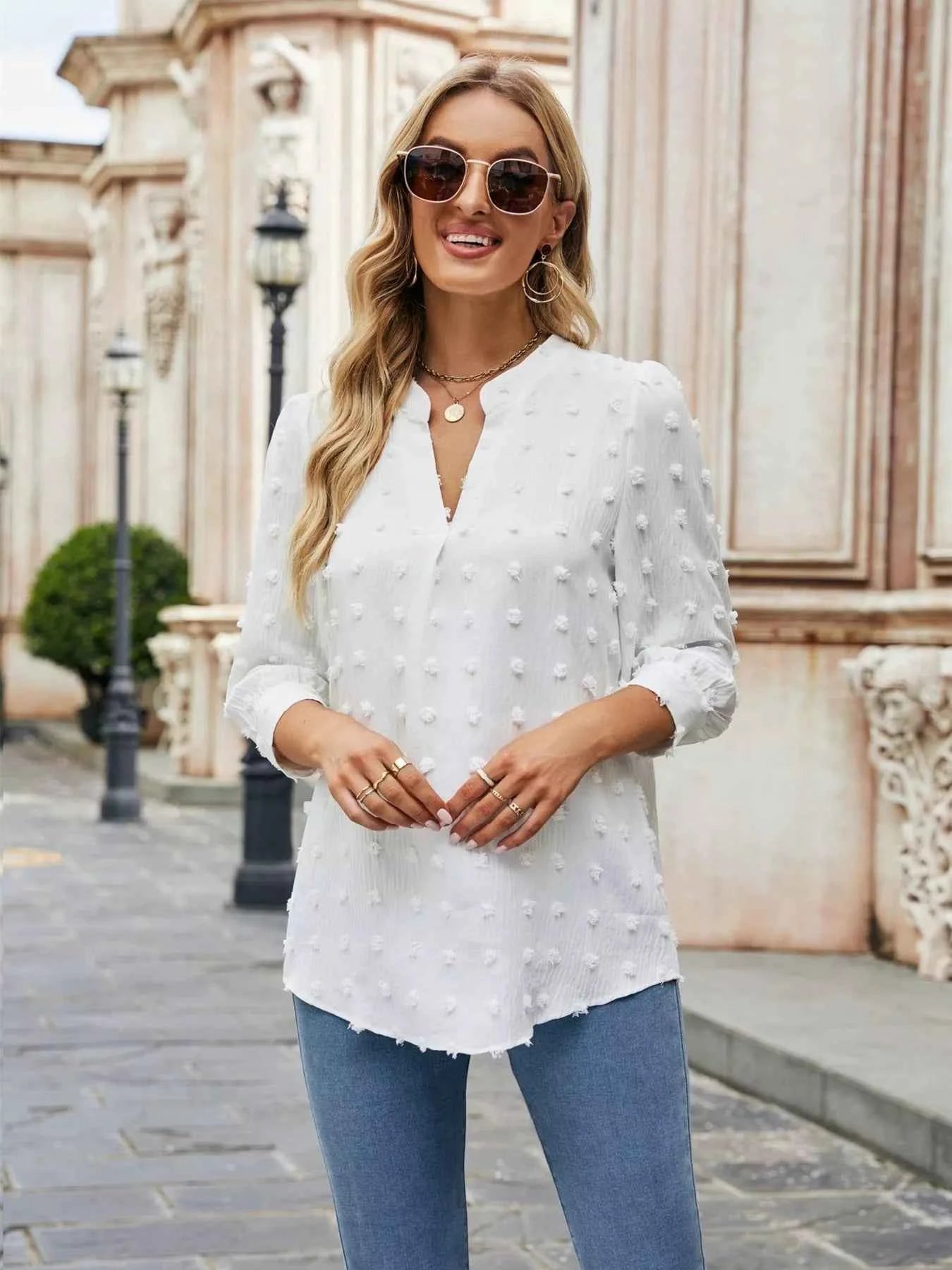 Swiss Dot Notched 3/4 Sleeve Blouse e1ac0b372215404ab4afc9f54d05a234-Max-Origin