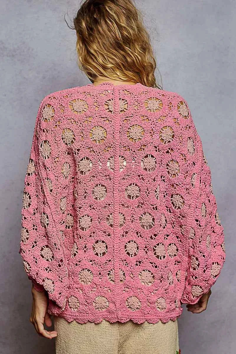 POL Openwork V-Neck Chenille Cardigan with Contrast Floral e1e94460-8684-4db8-97be-3f4ebdcd1edc-Max-Origin