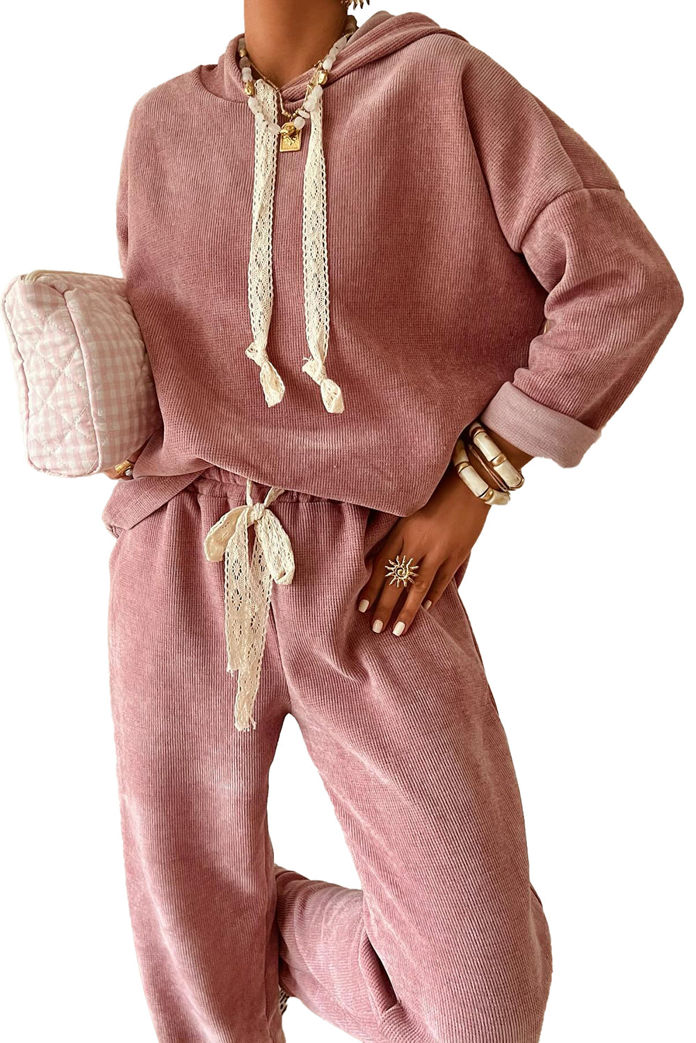 Jet Stream Drawstring Pullover Hoodie and High Waist Pants Corduroy Suit