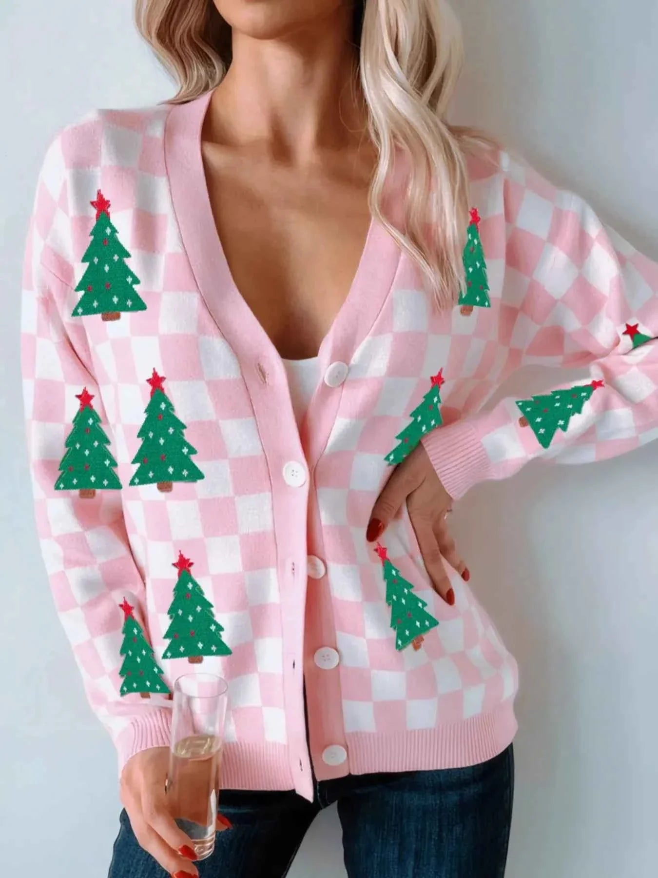Christmas Tree Pattern Checkered Button V Neck Cardigan Dusty Pink e220dba3-2f9a-4033-acd6-30f2998ed713-Max-Origin