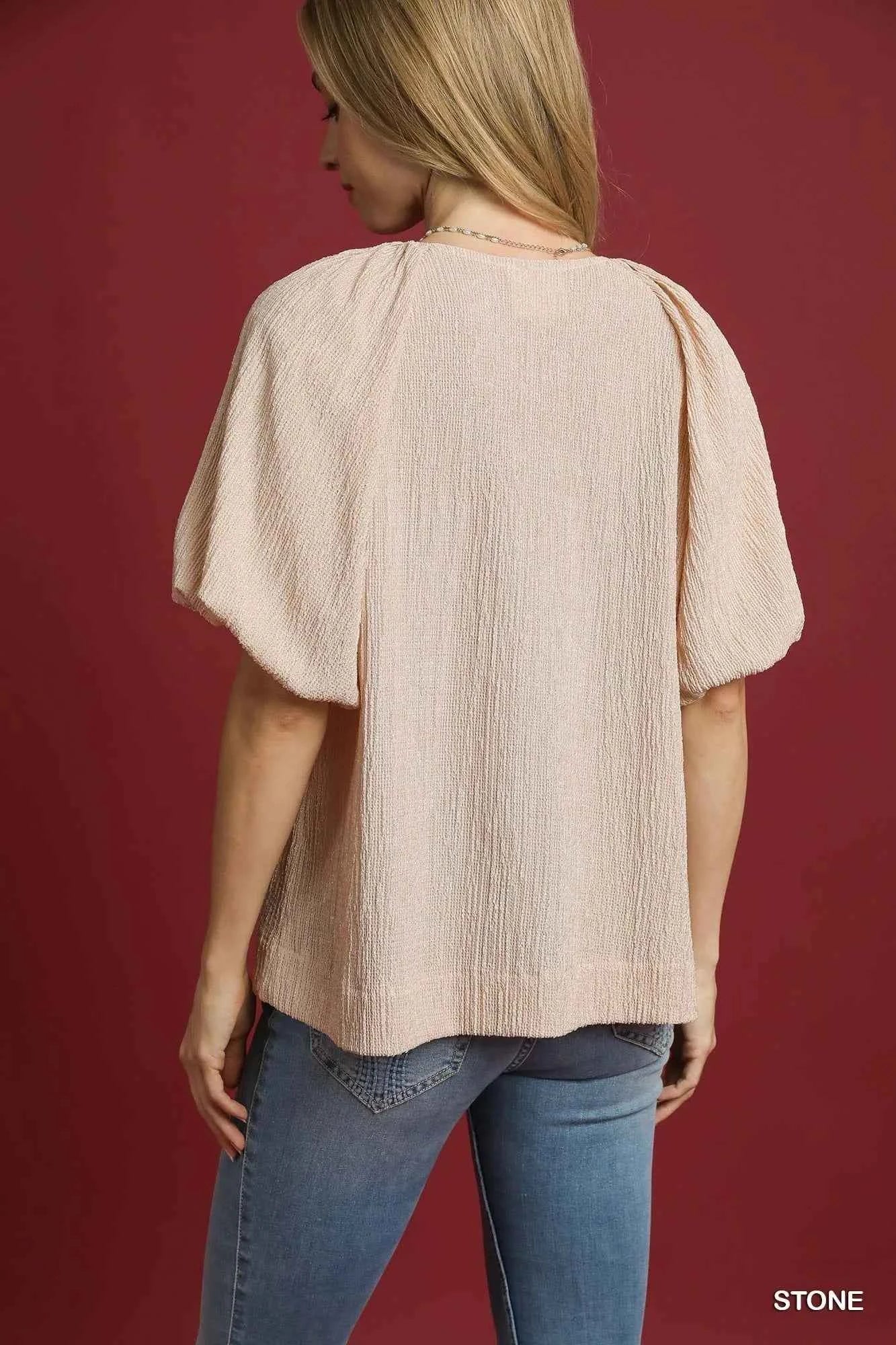 Umgee Texture Puff Sleeve Notched Blouse e22bdce5-52be-471d-a402-9273f08de796-Max-Origin