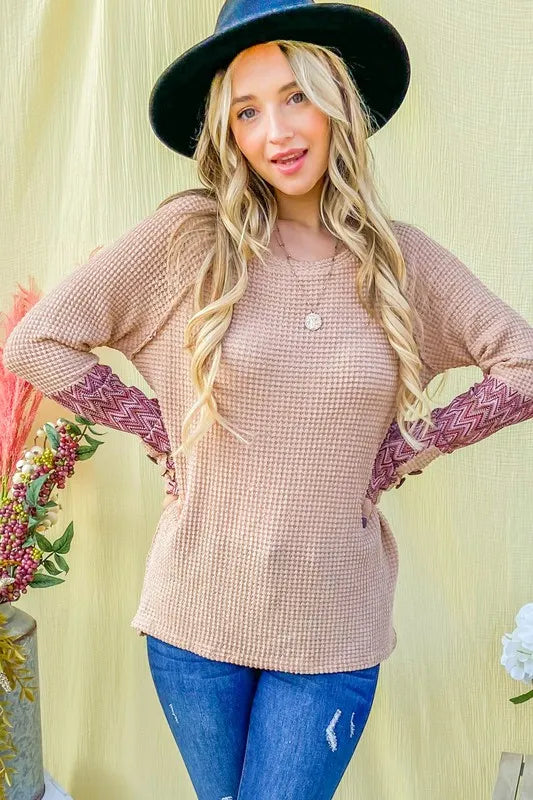 And The Why Button Detail Printed Sleeve Waffle Knit Top e23c35541a89456f8d182b8c2844cfcd-Max-Origin