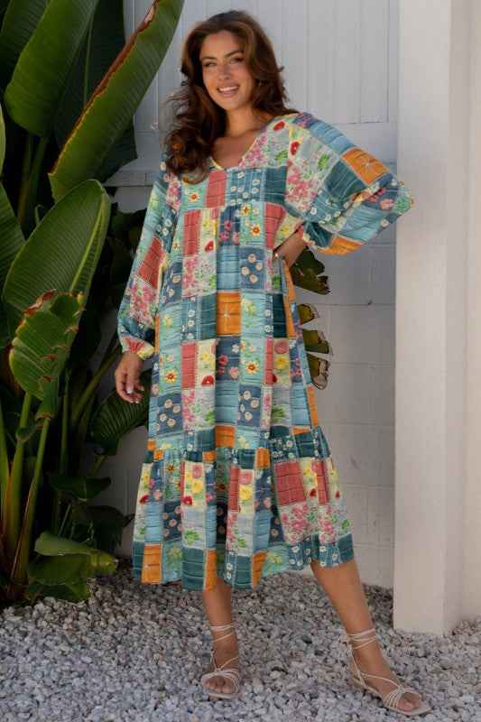 Floral Patchwork Long Sleeve Ruffle Hem Midi Dress e23f359c-b9da-4c0d-83c0-7fd87944635d