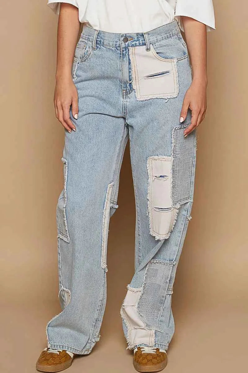 POL Contrast Patched Raw Hem Straight Jeans Light e241dd7c-9907-46c2-b1e6-0622eff7f253-Max-Origin