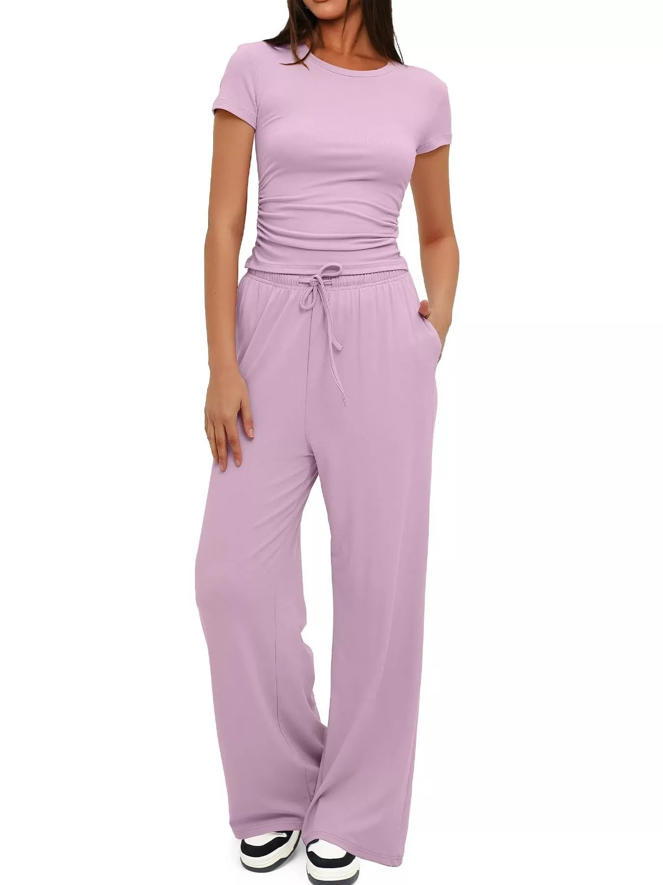 Round Neck Short Sleeve T-Shirt and Pants Set Pink e24c129eb9ca4c08ae96e4a28979237e-Max-Origin