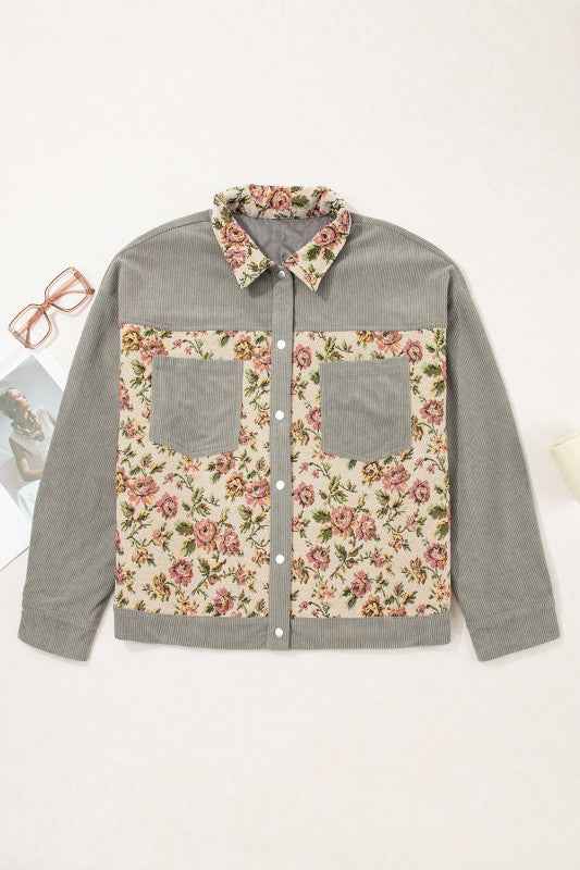Plus Size Floral Patchwork Corduroy Pocketed Jacke Medium Grey e25e61f4-e315-462a-a77f-2d9b7524eb57