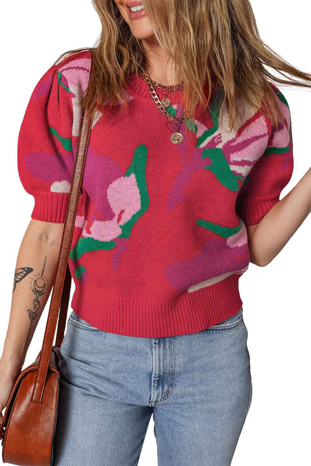 Red Floral Abstract Print Short Puff Sleeve Sweater e2b21a86bd96a3e4
