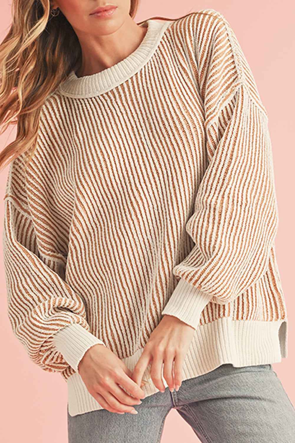 Chestnut Striped Contrast Trim Loose Sweater Chestnut 100%Polyester e2db69ca5094e59b