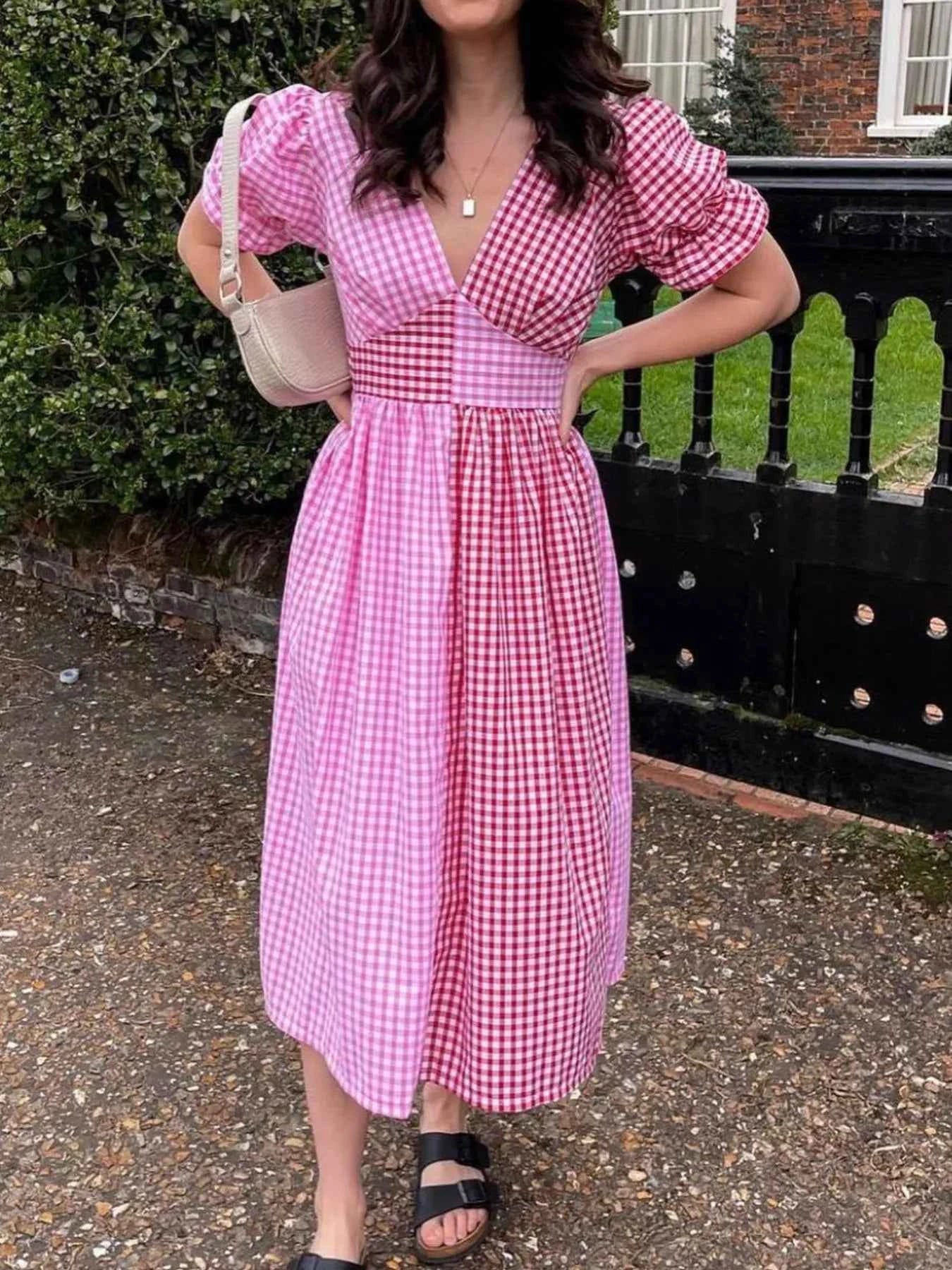 Plaid V-Neck Puff Sleeve Dress e33a7603-5e30-4f9a-9d78-26c8ce7f1cbe-Max-Origin