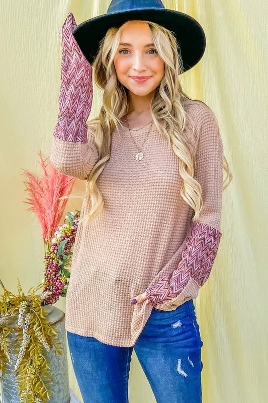 And The Why Button Detail Printed Sleeve Waffle Knit Top e3523c93332940dc9dc54918715fa069-Max-Origin