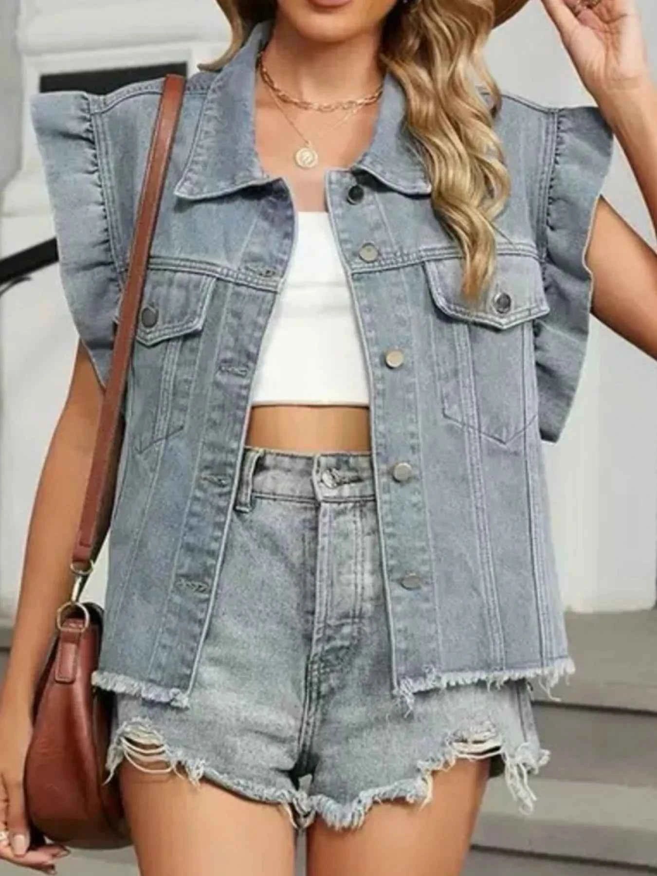 Ruffled Raw Hem Button Up Denim Jacket e36993c3-c1ed-4df7-93d9-14d1c3958093-Max-Origin