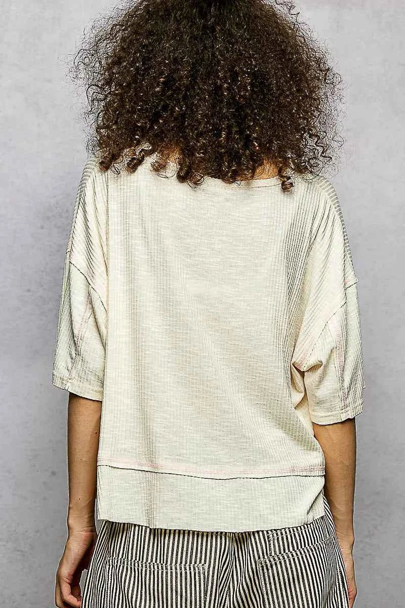 POL Short Sleeve Ccopped Rib T-Shirt with Contrast Stitch Detail