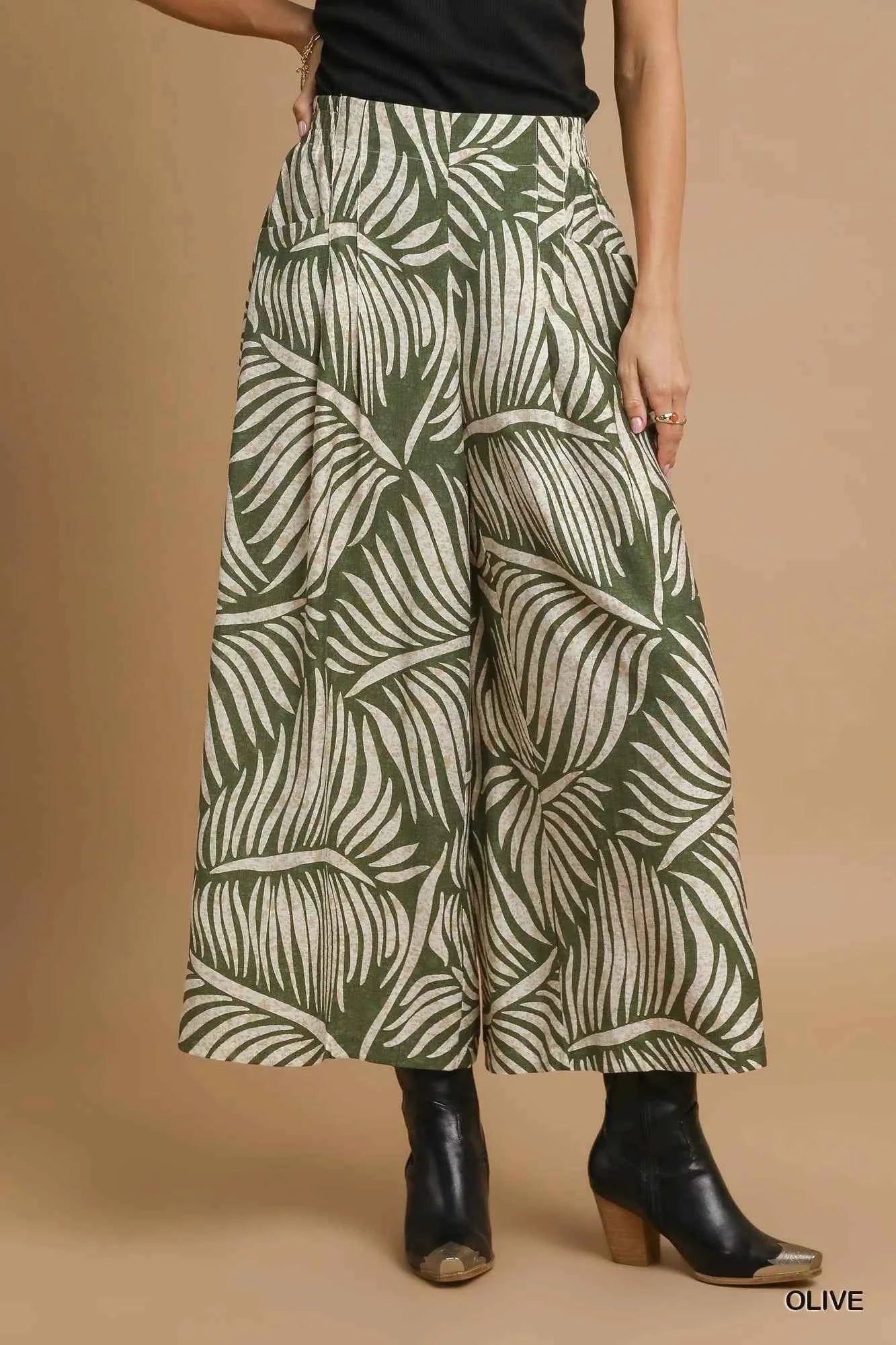 Umgee Palm Leaf Print Wide Leg Culotte Pants Olive e3af7d41-6fdc-4dab-9300-d6cc60d86d56-Max-Origin