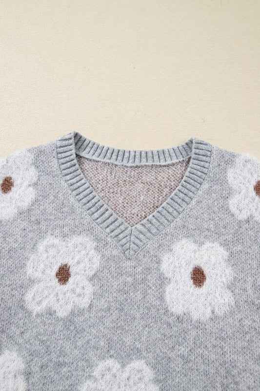 Floral V-Neck Drop Shoulder Baggy Sweater e3f0143b-0616-4a4e-99bd-395f8b6a59da