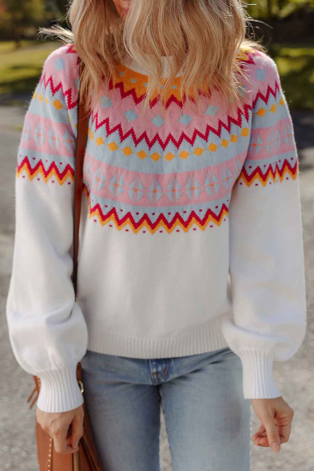 White Ethnic Geometric Colorblock Pattern Drop Shoulder Sweater e40521e40f825e30