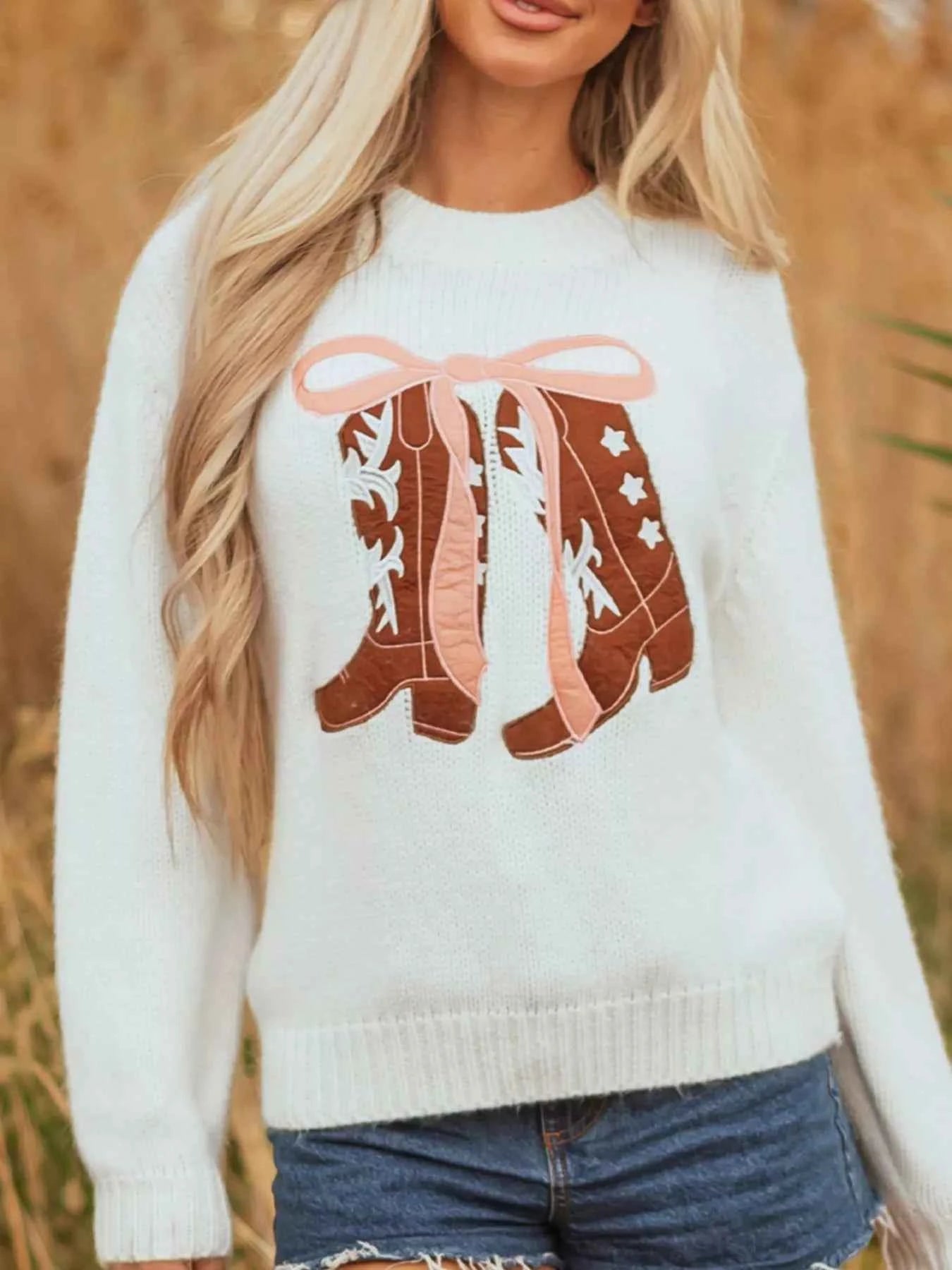 Embroidered Bow Boots Graphic Drop Shoulder Sweater White e41881ea-3a58-4bfd-818b-91f18c188a59-Max-Origin