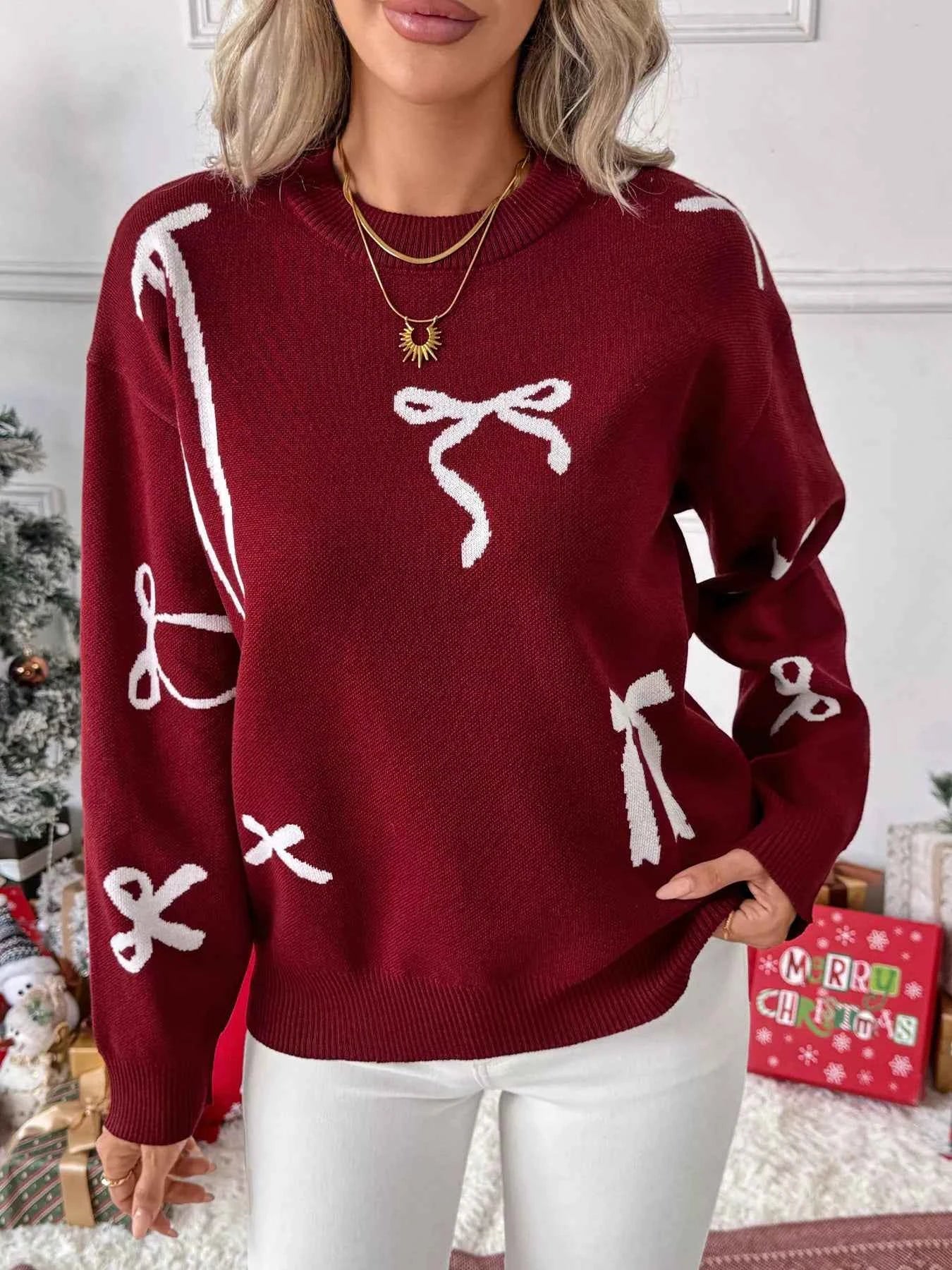 Bow Round Neck Long Sleeve Sweater Burgundy e4765984219840c19f2bfda6f25e7f70-Max-Origin