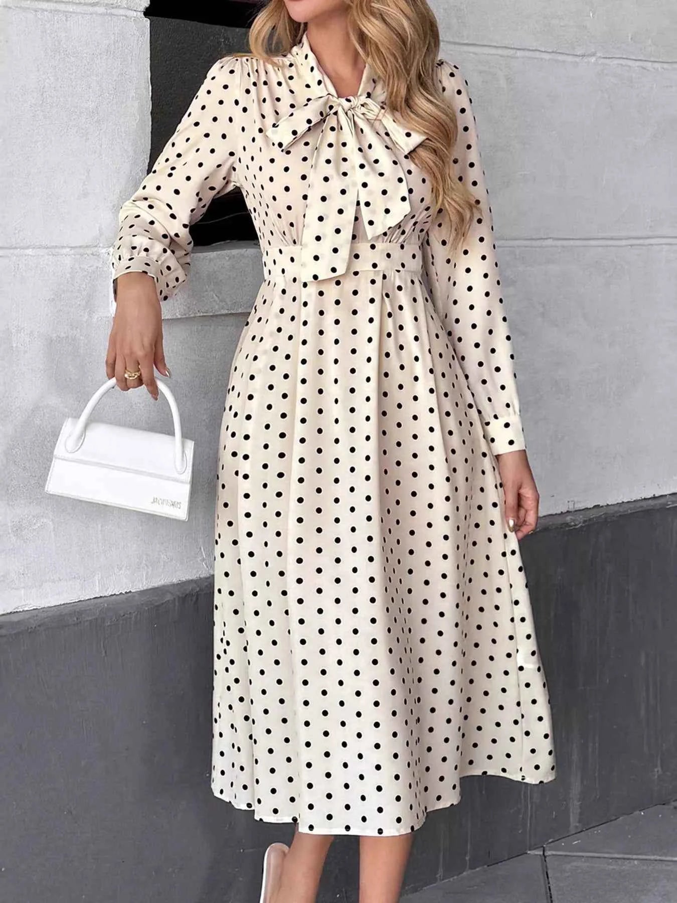 Polka Dot Tie Front Long Sleeve Midi Dress e49f85702c064642bf2dcf0716ae886a-Max-Origin