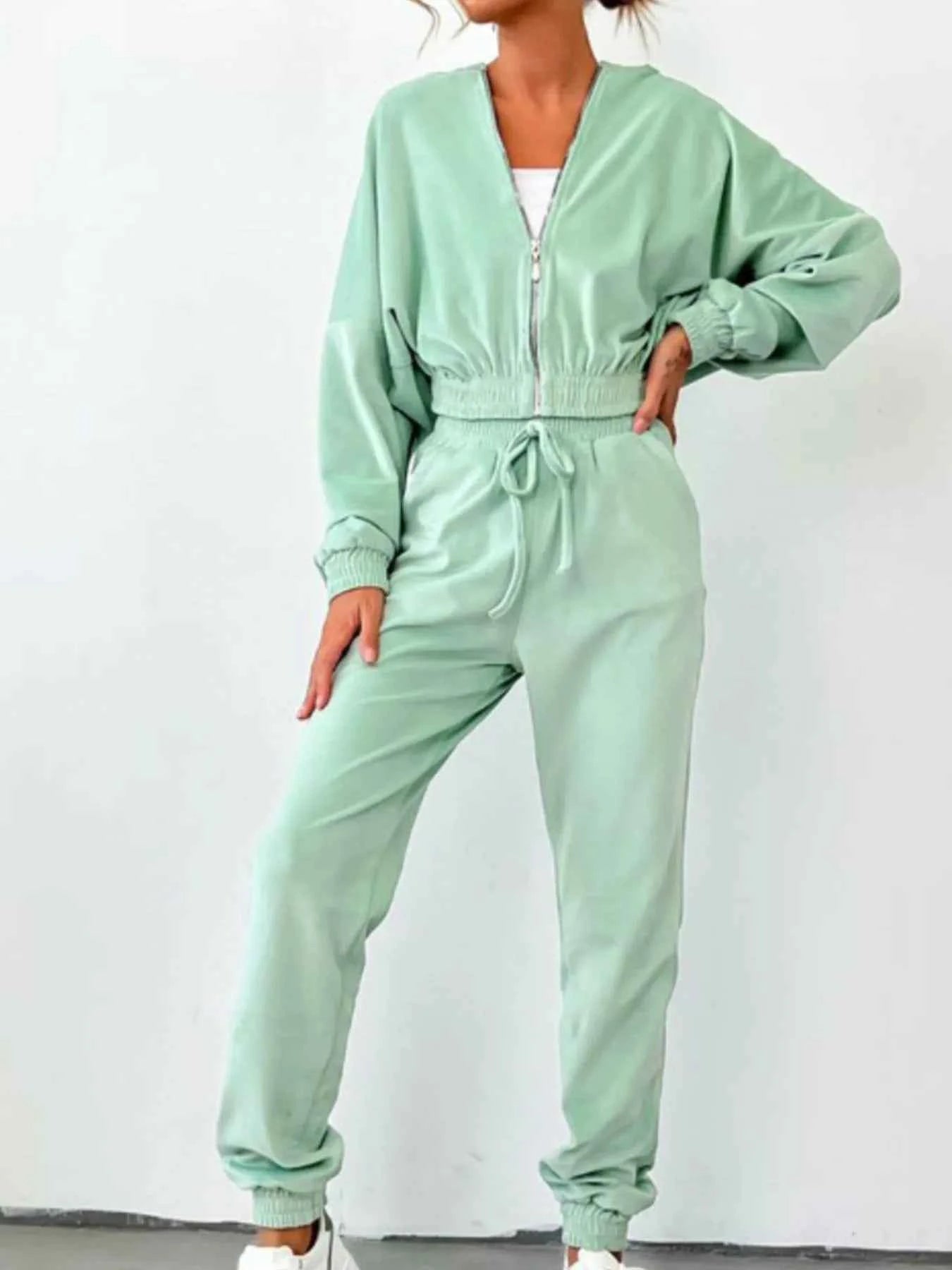 Zip Up Long Sleeve Top and Pants Set Light Green e509b3dc-acd4-41f0-a325-7503fb8290b3-Max-Origin