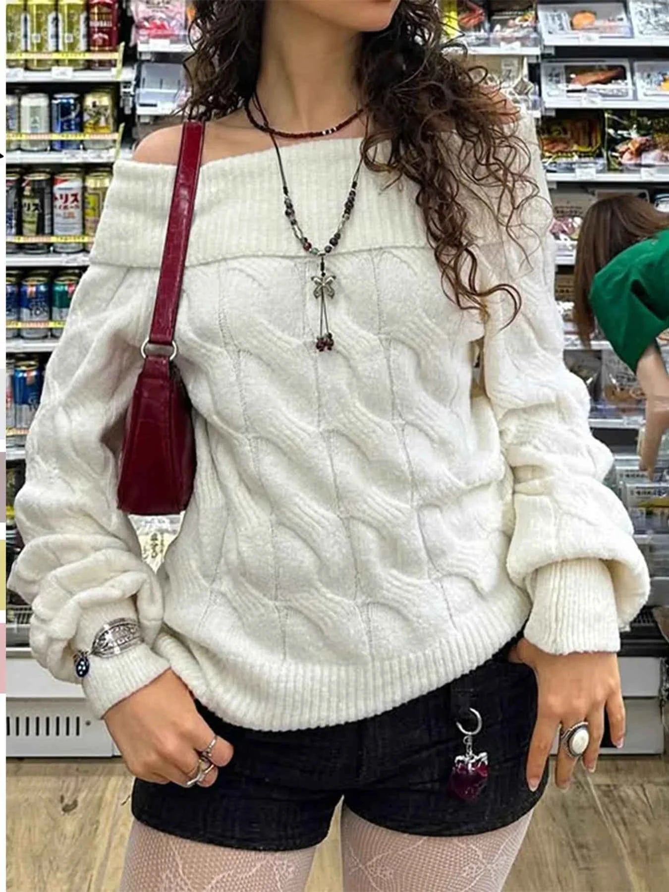 Cable Knit Off-Shoulder Sweater White e5281a7cb41e4072966c496eb5e72686-Max-Origin