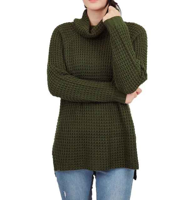Cowl Neck Oversized Pop-Corn Knit Tunic Sweater Olive e583a1c2-d694-4695-a818-54f0ad933acc