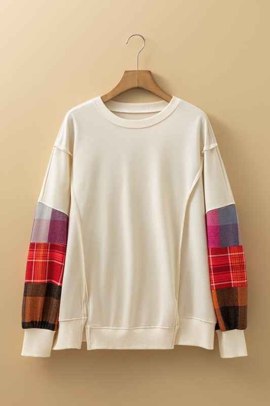 Plaid Patchwork Long Sleeve Exposed Seam Top e5d50442-bd76-4f8d-84d9-42777613a36b