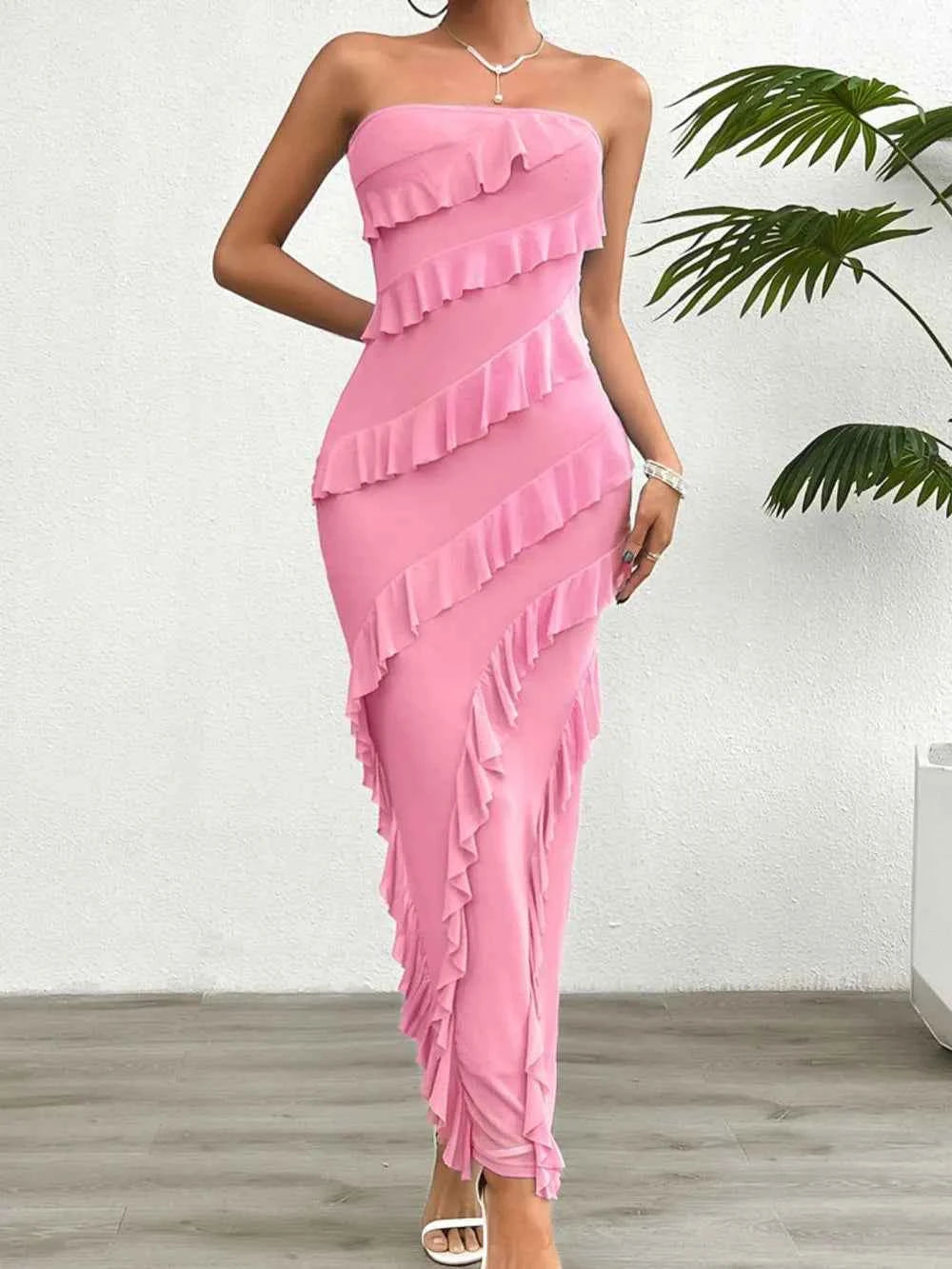 Ruffled Slit Back Tube Maxi Dress Pink e5df02bb-99dd-4065-bb8d-b815d0bc4d3a-Max