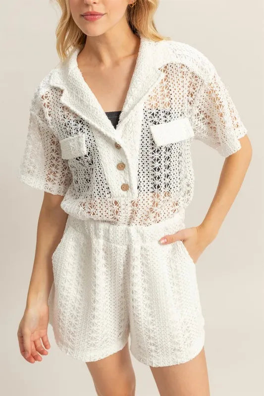 HYFVE Crochet Button Front Short Sleeve Romper e60b64a1-1e5e-4eac-ba36-b8648128a7ca-Max