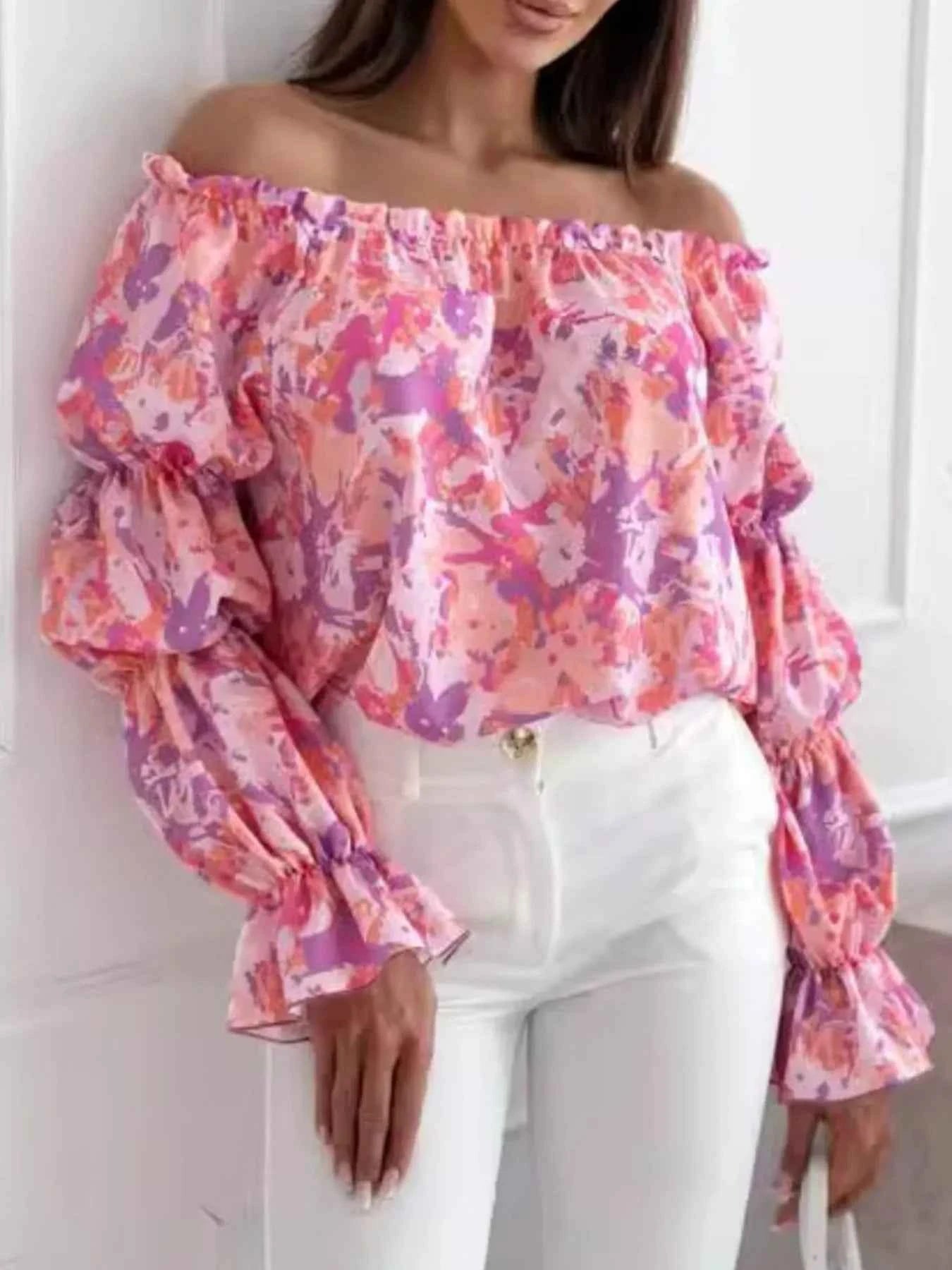 Off-Shoulder Floral Ruffle Blouse with Elastic Neckline Dusty Pink e6525e4a-e16b-4cad-9142-ee644a47c6f1-Max-Origin