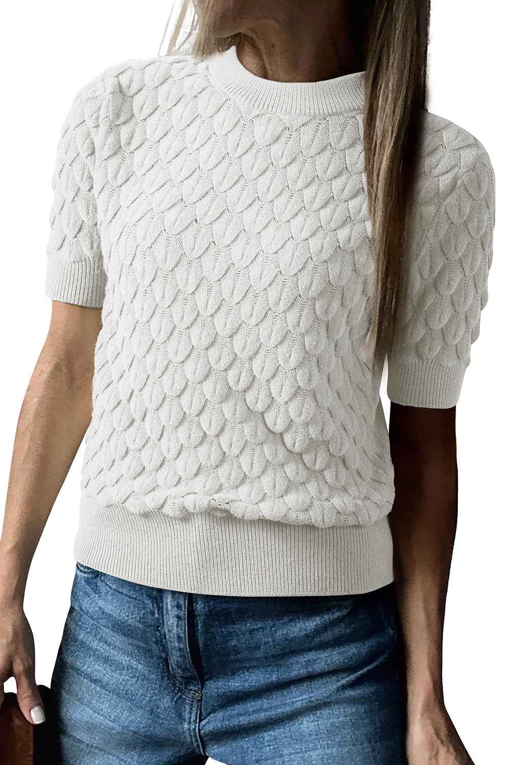 Straw Yellow Fish Scale Textured Knit Ribbed High Neck Short Sleeve Sweater e65d4d0f5d1b3481