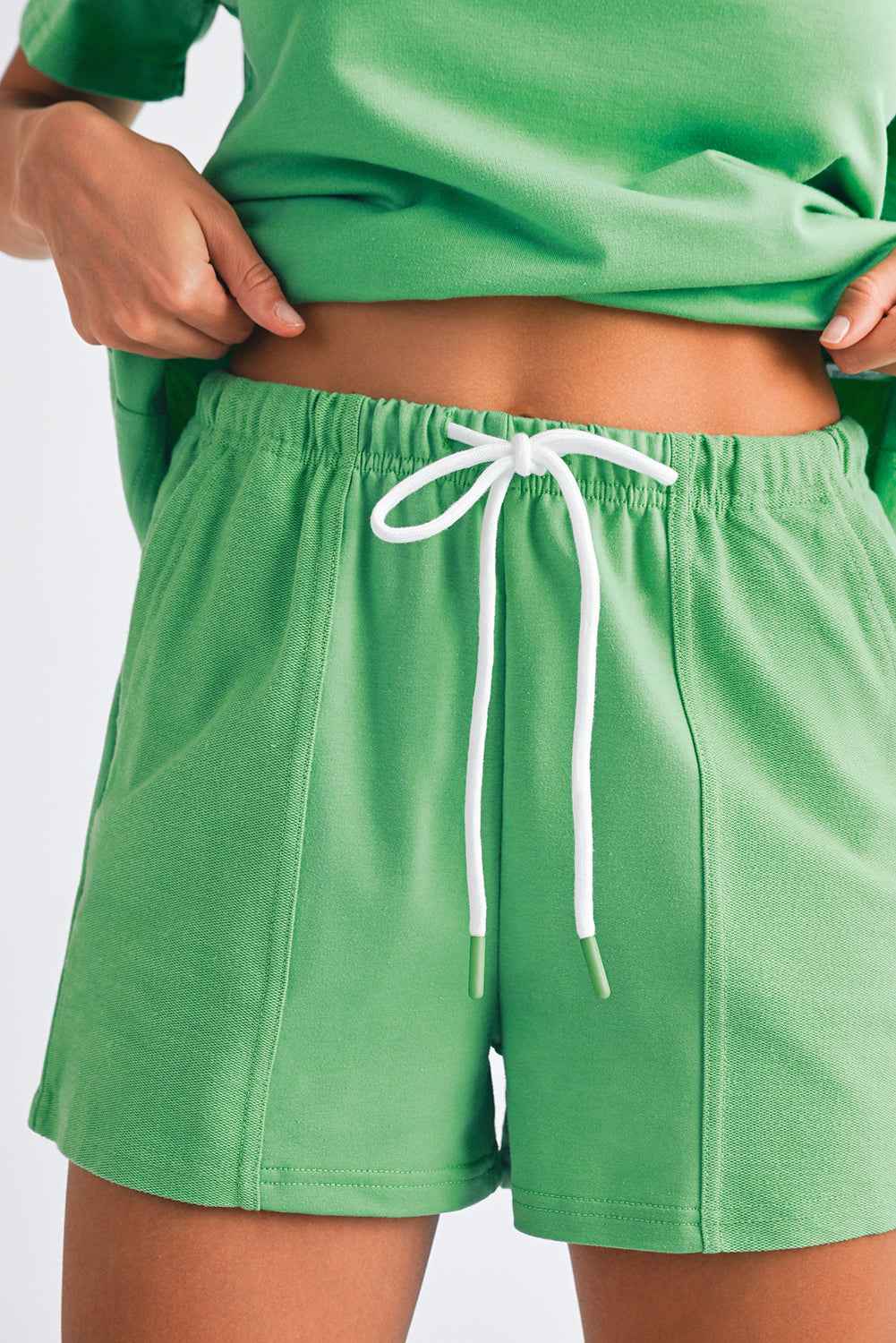 Mint Green V Neck Drop Shoulder Tee and Patchwork Shorts Set e6a4ab0987df07a8