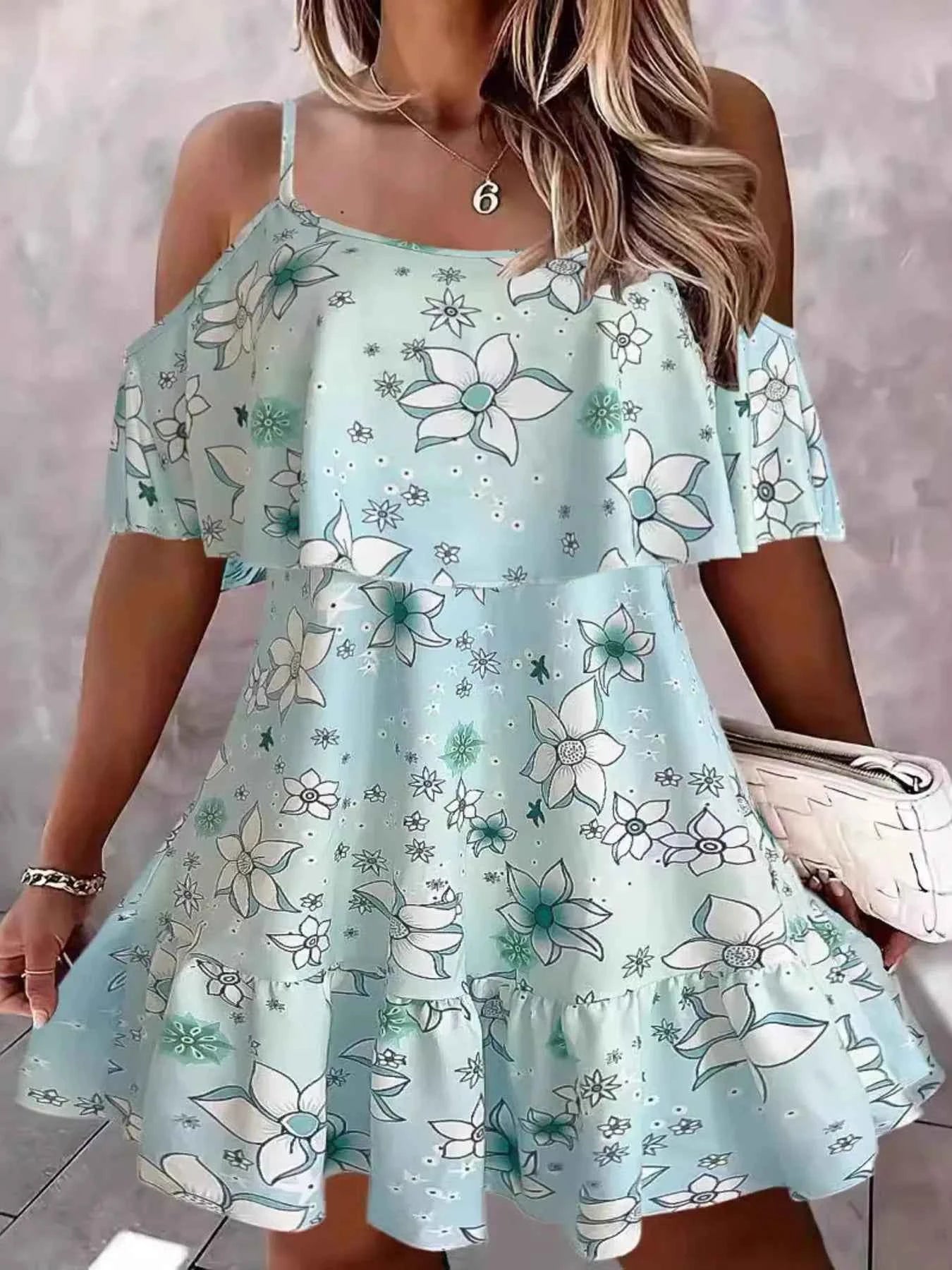 Floral Cold Shoulder Ruffle Mini Dress Sky Blue e6fb1083e0fe47859afe5eec2c365d35-Max-Origin