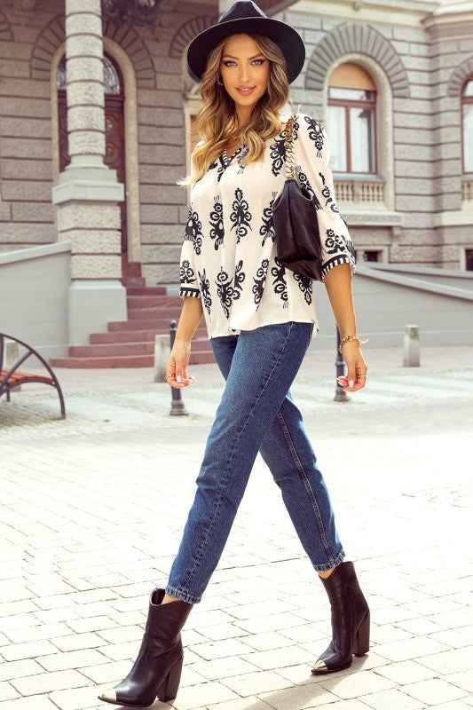 Vintage Geometric Printed V Neck Blouse e70d7791-e649-43e0-bc93-697f25b77726