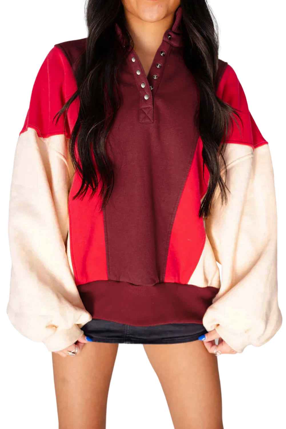 Fiery Red Colorblock Patchwork Oversized Sweatshirt e77e5e15a22e4f6d