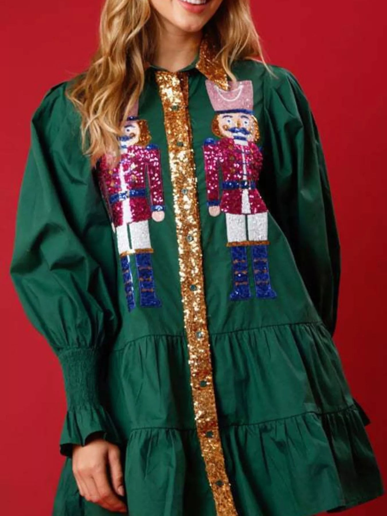 Full Size Christmas Sequin Nutcracker Tiered Shirt Dress Plus Size Green e7adb0c1-e1a1-4259-a905-61f9329a2eca-Max-Origin