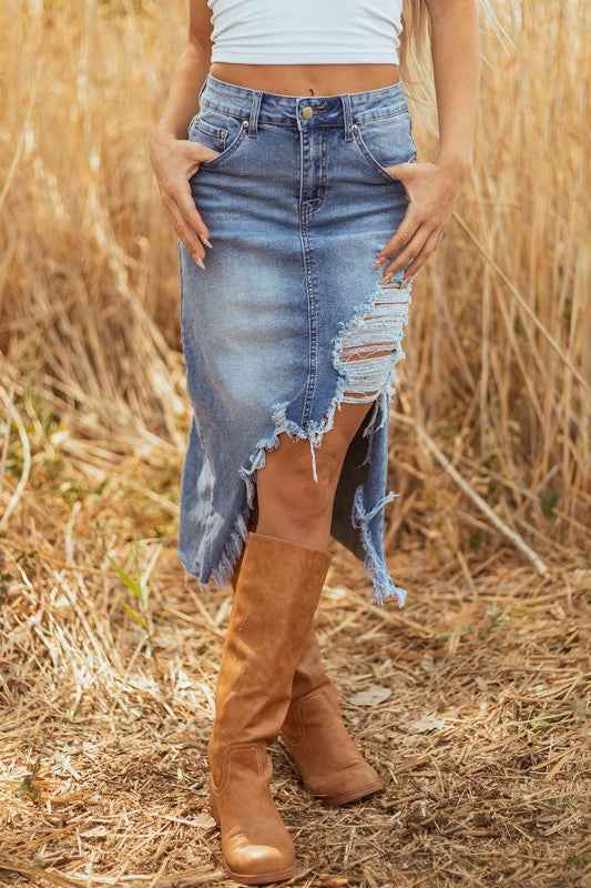 Denim Distressed Midi Skirt Myosotis e7b3347e-88b2-45e3-812d-007918c24e27