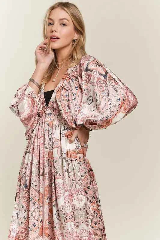 ADORA Printed V-Neck Batwing Sleeve Dress e7ba12dd-716f-449a-acbc-b6a8faec4c53-Max