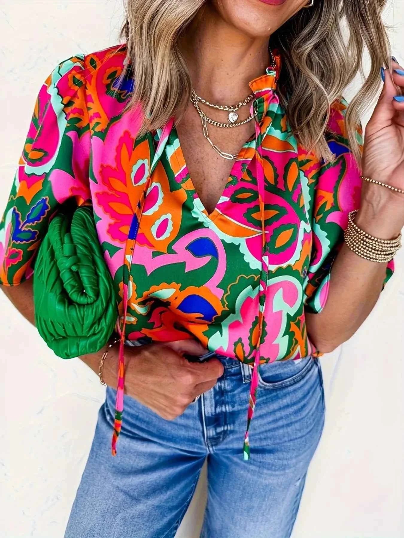 Printed Tie Neck Short Sleeve Blouse e7bb2b29326446b2bceef414ff4b9383-Max-Origin