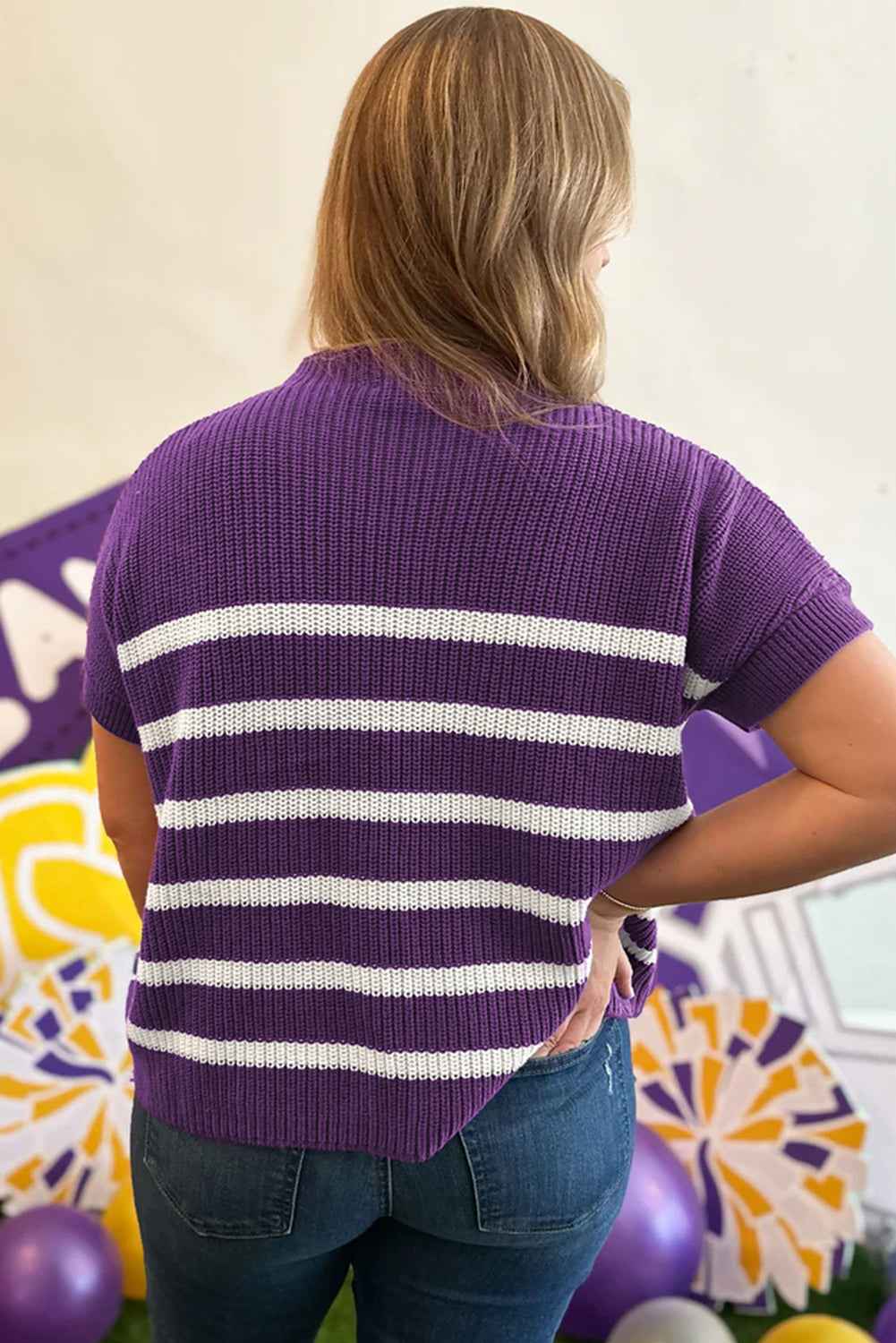 Purple Stripe Raw Edge Patched Pocket Short Sleeve Knit Sweater e7fc650ab600cdec