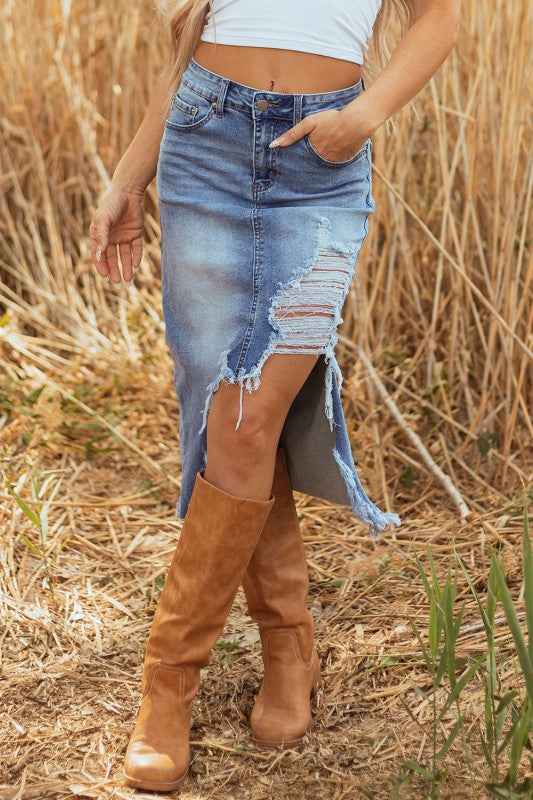 Denim Distressed Midi Skirt e8248947-064d-4a5c-93a9-1323e0b87ec0