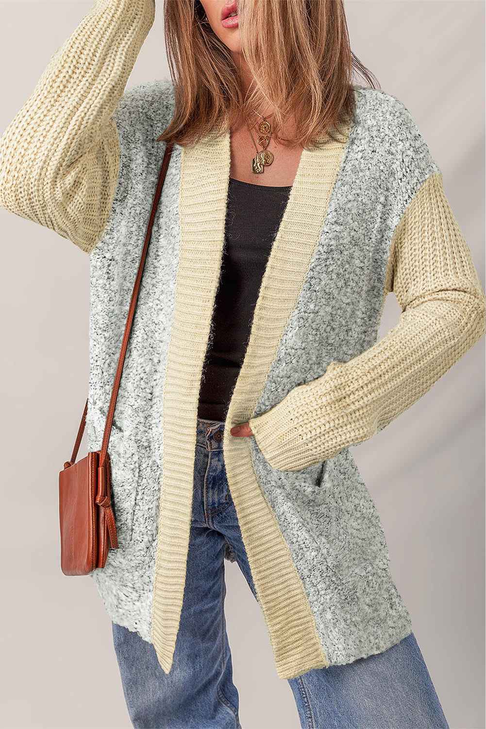 High-rise Patchwork Side Pockets Open Front Cardigan High-rise 79%Acrylic+21%Polyester e86775347da9f993