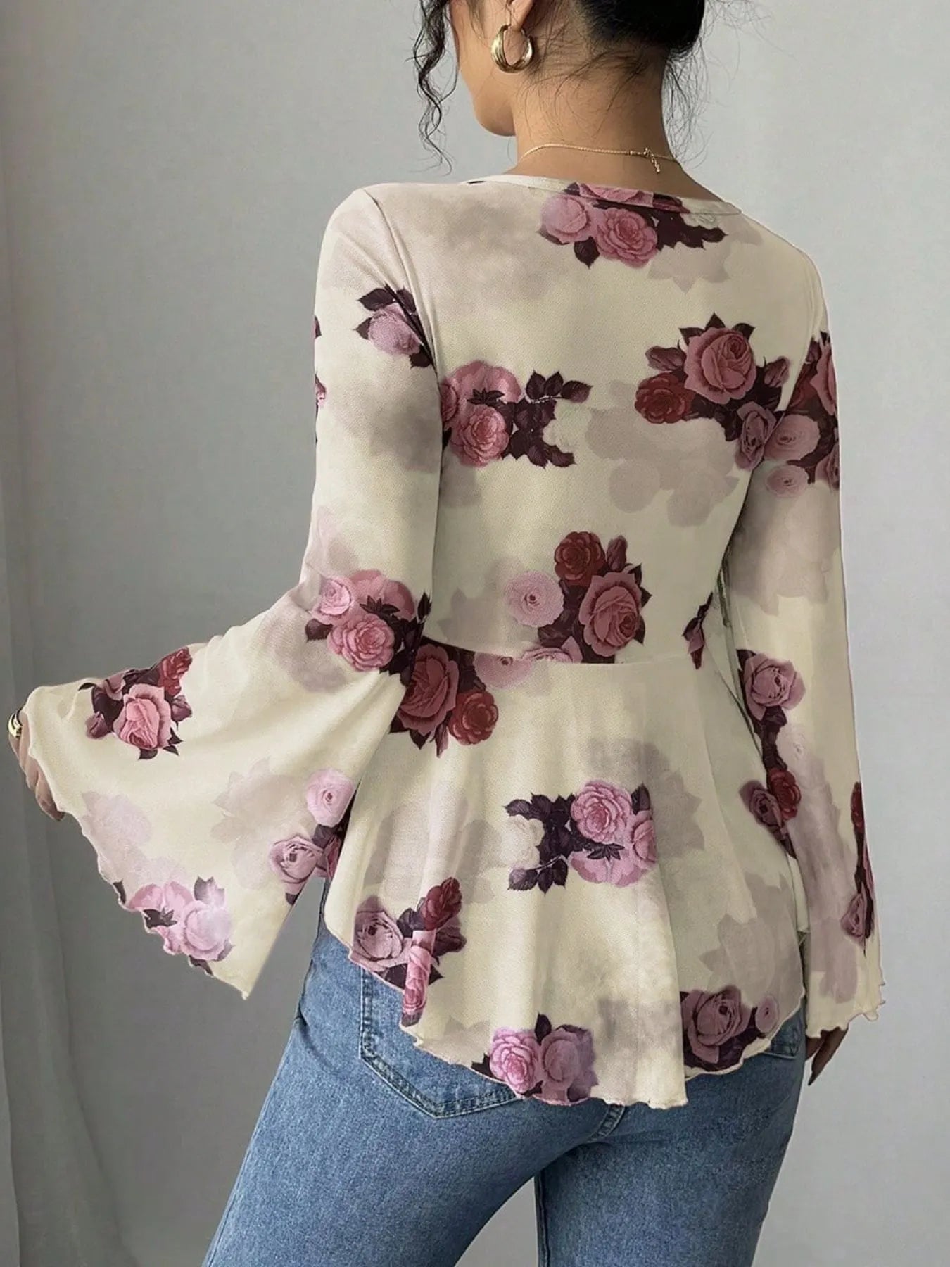Floral Tie Front Flare Sleeve Blouse e8931f16-25c3-478b-bb6e-5220c54f4f26-Max-Origin