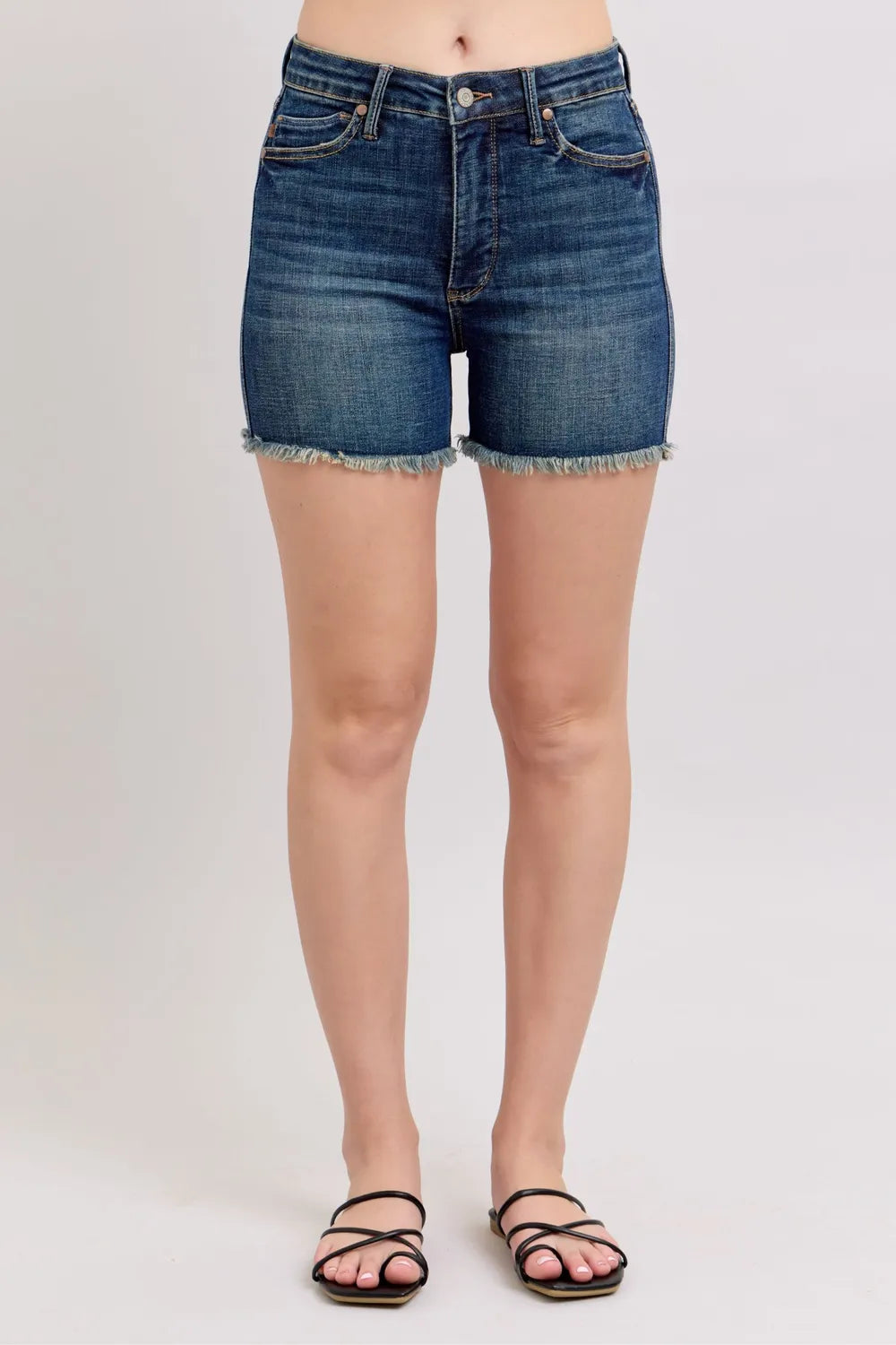 Judy Blue Tummy Control Fray Hem & Shield Back Pockets Denim Shorts Dark e8d91a94-0bf4-4e5a-8791-314bb0e169e5-Max