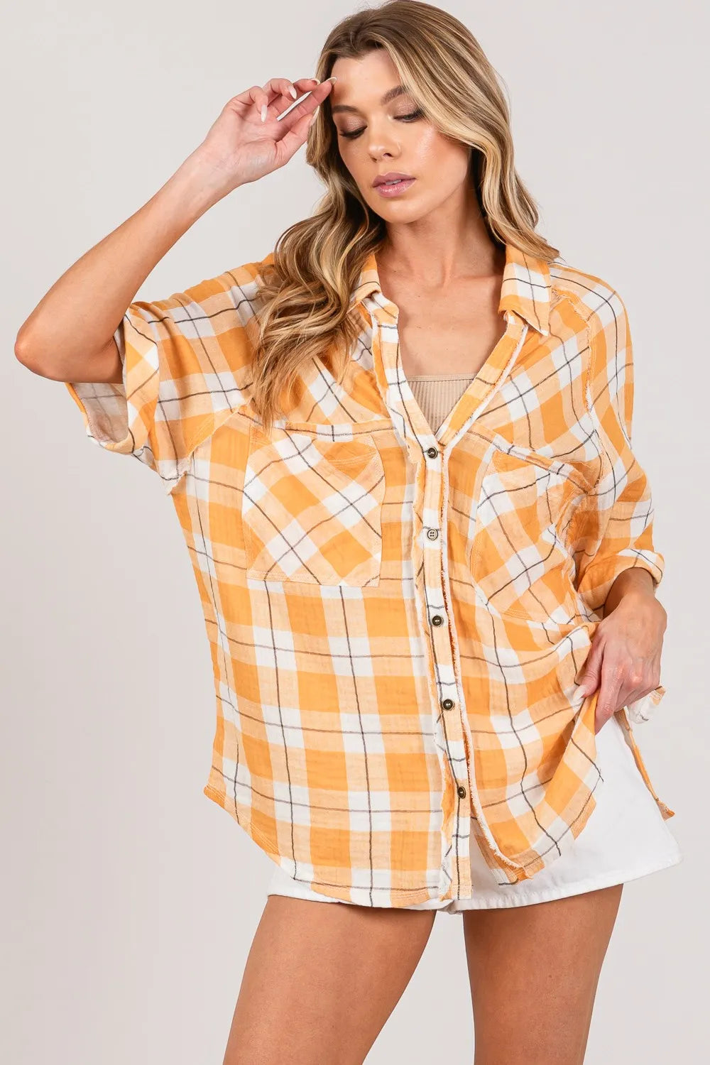 SAGE + FIG Plaid Button Up Side Slit Shirt e8fdf08a-e0ef-484e-adfc-de65effc4d9b-Max
