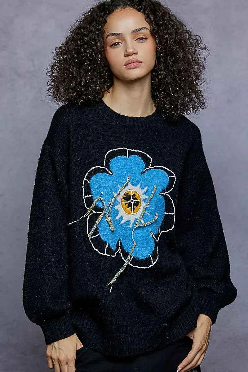 POL Floral Pattern Round Neck Sweater with Exposed Stitching e906d8ea-db77-4c0f-b287-12247a52922d-Max-Origin