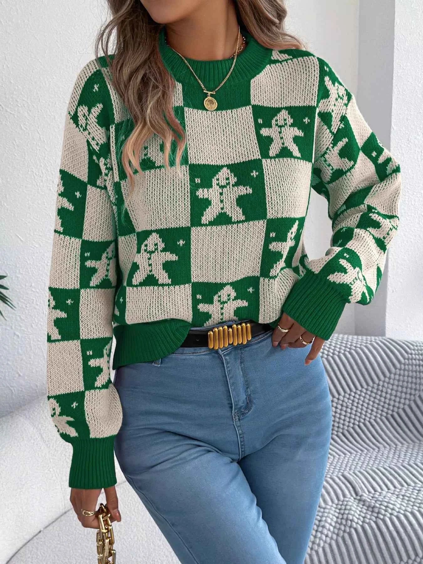 Christmas Checkerboard Gingerbread Round Neck Sweater e90837c0-3262-4866-b668-ba4dbe166442-Max-Origin