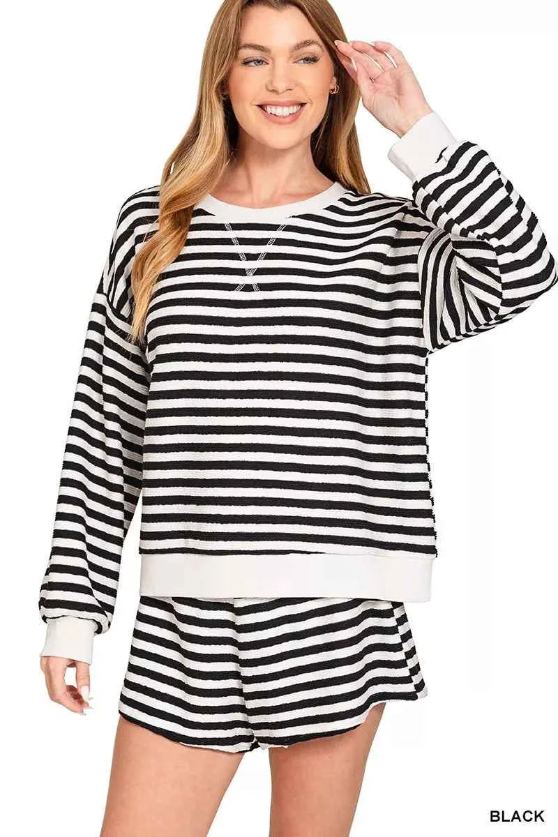 Zenana Striped Long Sleeve Top and Shorts Set BLACK e92dd9956418436ea653c5ecce89cbd1-Max-Origin