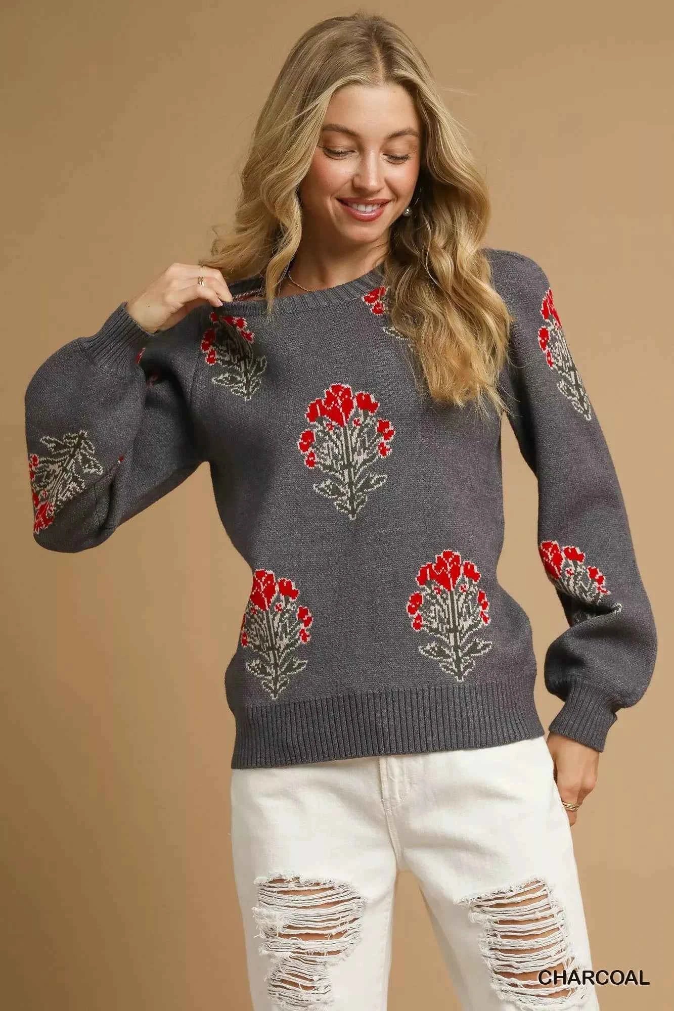 Umgee Single Flower Stem Jacquard Sweater CHARCOAL e9429135-d633-4e7e-b475-4ae69c55500e-Max-Origin