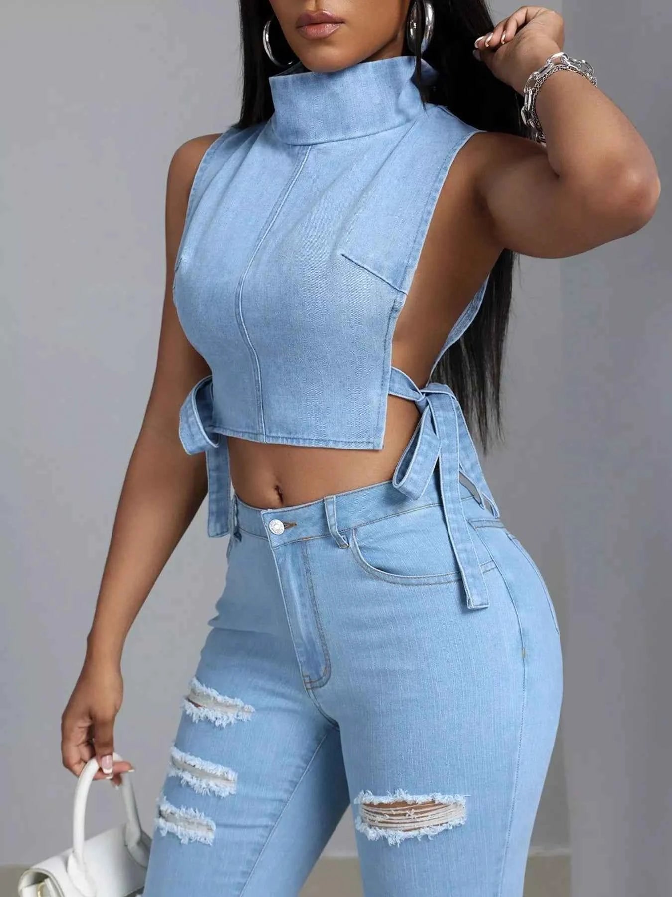 Sleeveless Cropped Denim Turtleneck Top with Side Tie Details e9aeeabacc1f4fa9bdf74df2e4711b44-Max-Origin