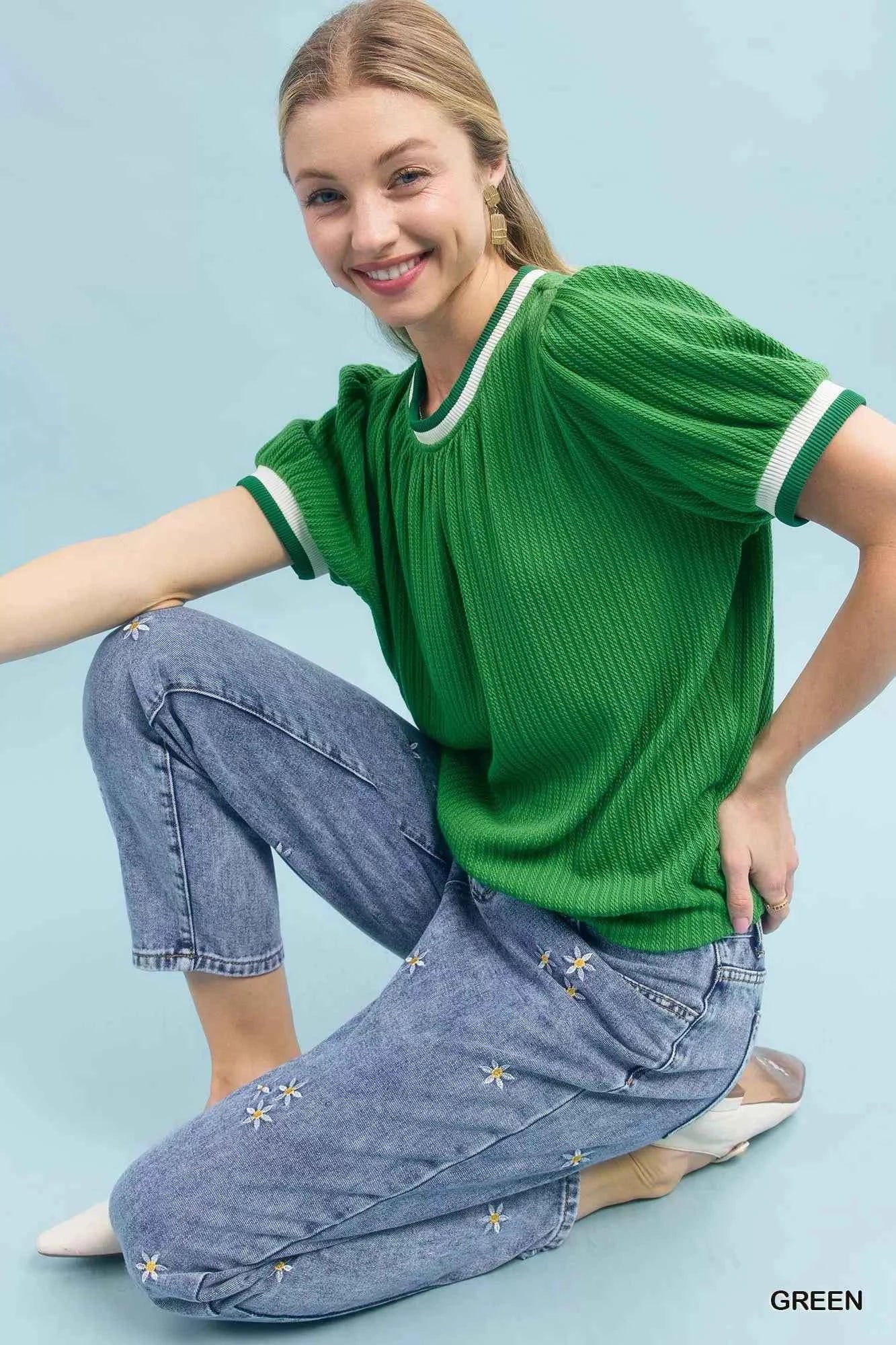 Umgee Puff Sleeve Knit Top with Contrast Rib Trim ea1e4ebc-1f06-43d9-92f3-e90ef4fd6f61-Max-Origin